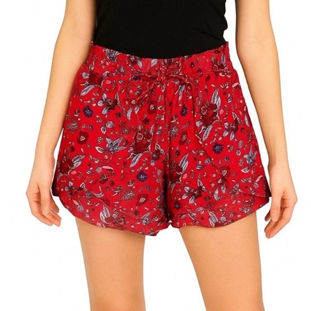 American Eagle Floral Pull On Shorts Size M Flutter Hem Elastic Waist Red Blue